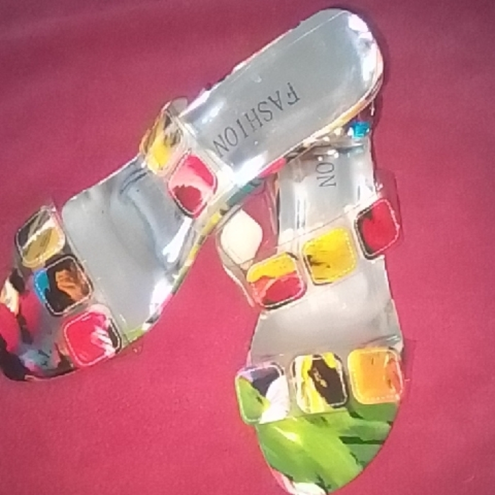 Red and Yellow Sandals with Colorful Embellishments